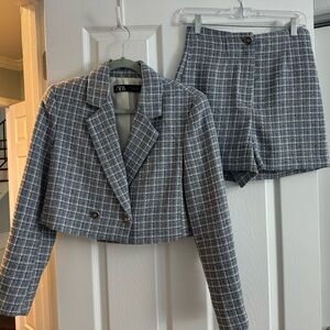 Zara Cropped Tweed Blazer and Matching Shorts Blue Size Small Both Pieces